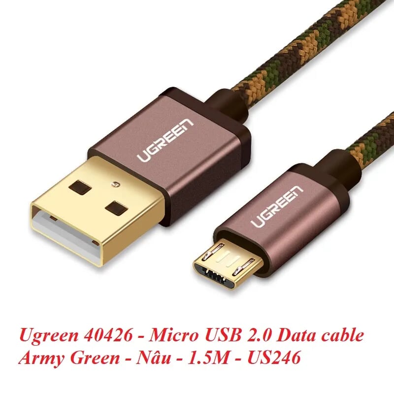 Ugreen 40426 1.5M màu Nâu Cáp sạc truyền dữ liệu USB 2.0 sang MICRO USB dây bọc lưới US246