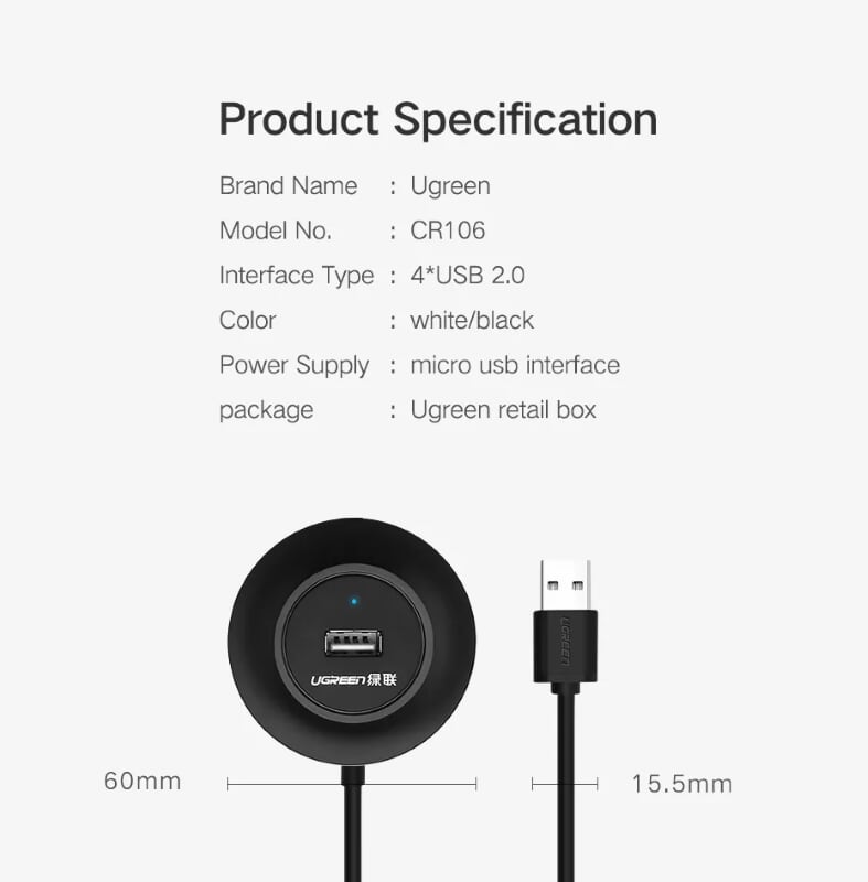 Ugreen 20277 1M màu Đen Bộ chia HUB USB 2.0 sang 4 USB 2.0 hỗ trợ nguồn 5V CR106