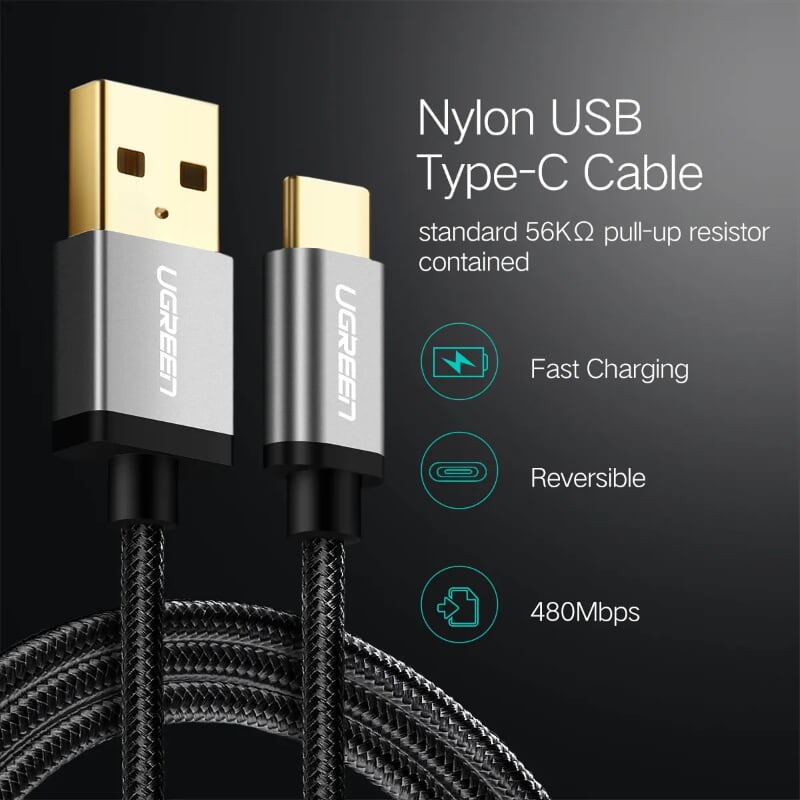 Ugreen 30878 0.25M 3A Màu Đen Cáp USB TypeC sang USB 2.0 Hỗ trợ sạc nhanh dây bên Nylon US174