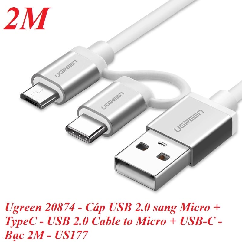 Ugreen 20874 2M màu Bạc Cáp USB-A sang Micro USB + USB-C cao cấp US177