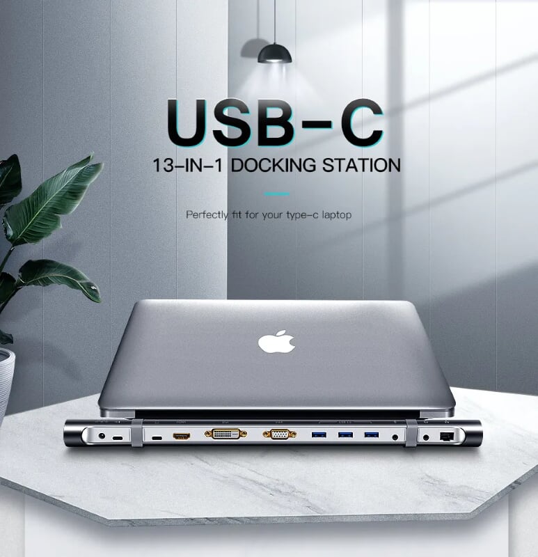 Ugreen 40373 Bộ chuyển đổi TYPE C sang 3 USB 3.0 + HDMI + VGA + DVI + TF SD + Audio + LAN + nguồn MM131