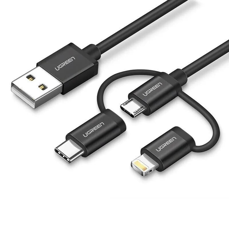 Ugreen 50206 1.5 M Màu Đen Cáp sạc đa năng USB sang TypeC + Micro + Lightning có Chip MFI US186