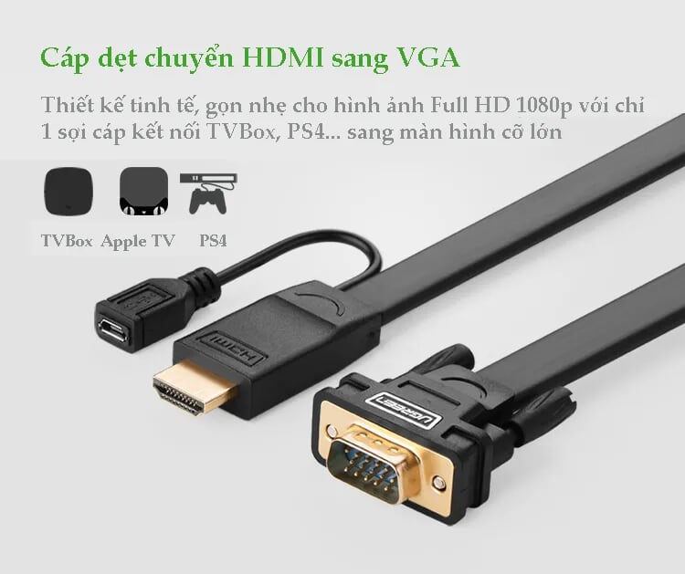 Ugreen 30451 3M màu Đen Cáp chuyển đỗi HDMI sang VGA kèm cổng trợ nguồn Micro USB MM101