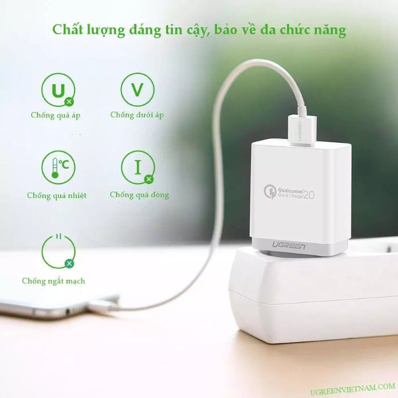 Ugreen 30388 18W màu Trắng Củ sạc nhanh cổng USB chuẩn QC 3.0 CD122