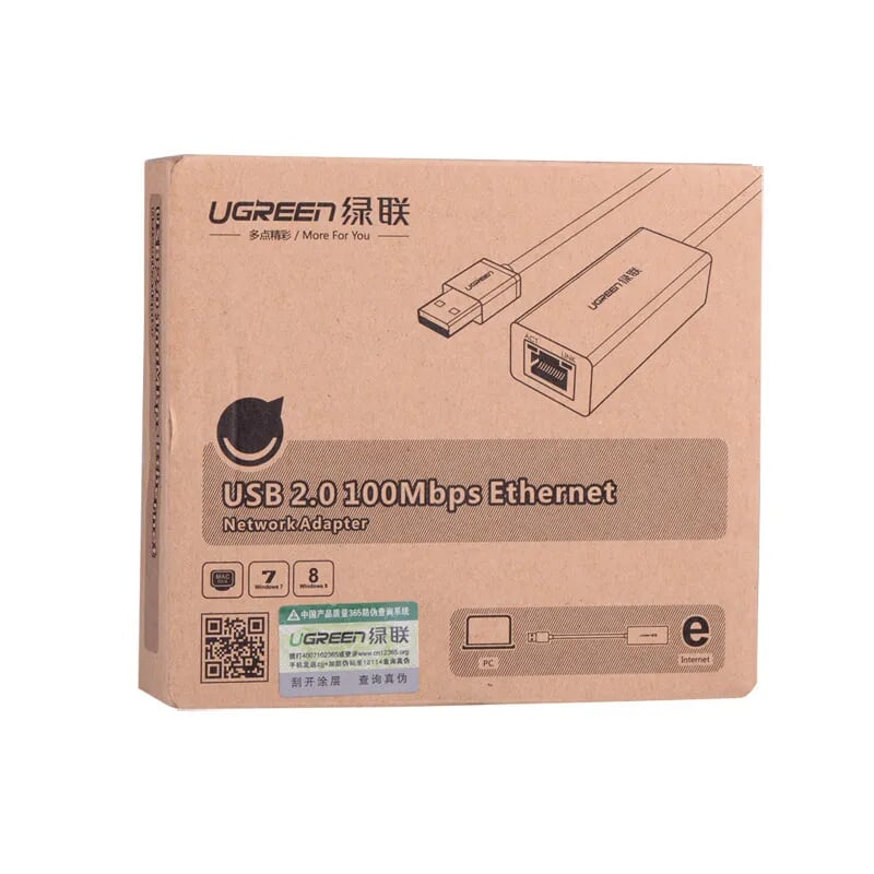 Ugreen 20253 10CM màu Trắng Cáp chuyển đổi USB 2.0 sang cổng LAN RJ45 tốc độ 100Mbps vỏ nhựa CR110