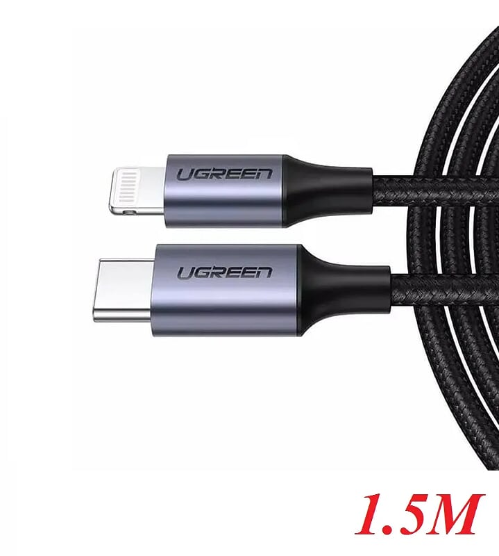 Ugreen 60760 1.5m cáp usb type c ra lightning bọc nhôm chống nhiễu màu đen US304