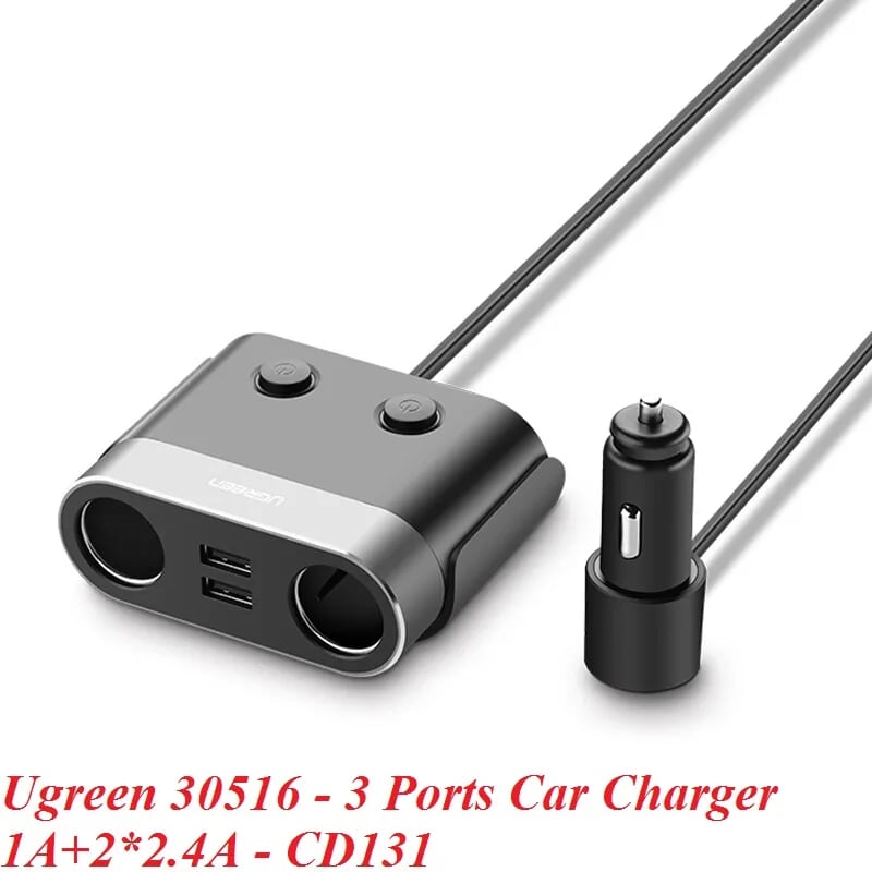 Ugreen 30516 4.8A màu Đen Bộ mở rộng 2 cổng sạc trên xe hơi + 2 cổng sạc USB CD131