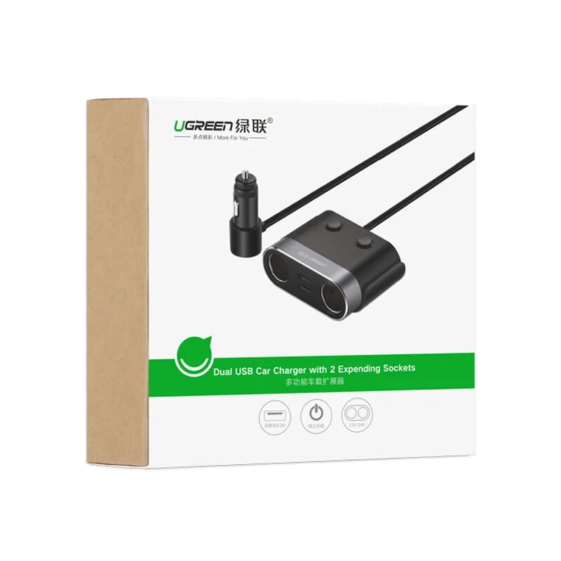 Ugreen 30516 4.8A màu Đen Bộ mở rộng 2 cổng sạc trên xe hơi + 2 cổng sạc USB CD131