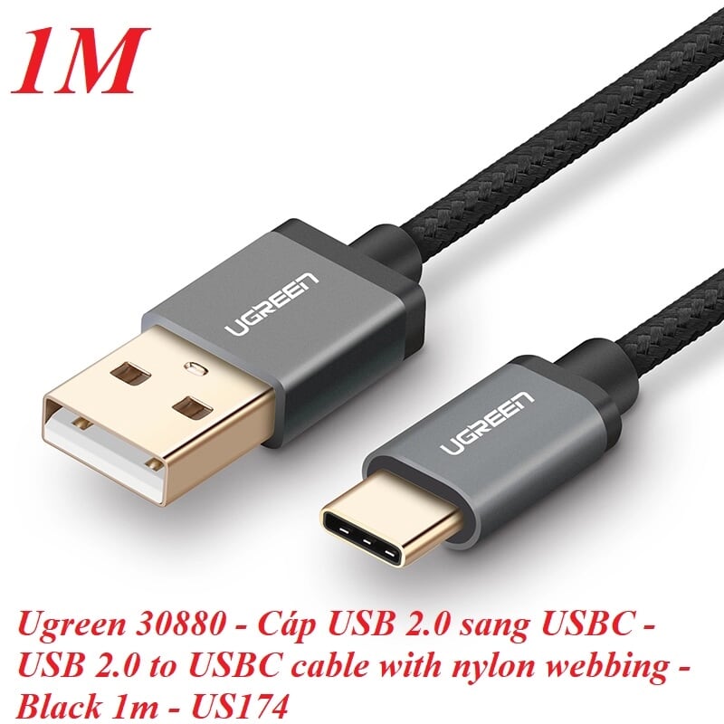 Ugreen 30880 1M 3A Màu Đen Cáp USB TypeC sang USB 2.0 Hỗ trợ sạc nhanh dây bên Nylon US174