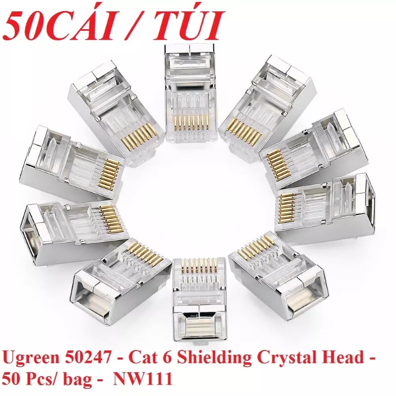 Ugreen 50247 50pcs Đầu bấm mạng RJ45 chuẩn Cat6 + Cat6e bọc inox chống nhiễu NW111