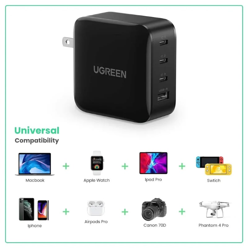 Ugreen 70773 65W 3C+1A PD3.0 GaN sạc siêu nhanh 4 cổng 3x type C và 1x A màu đen CD224