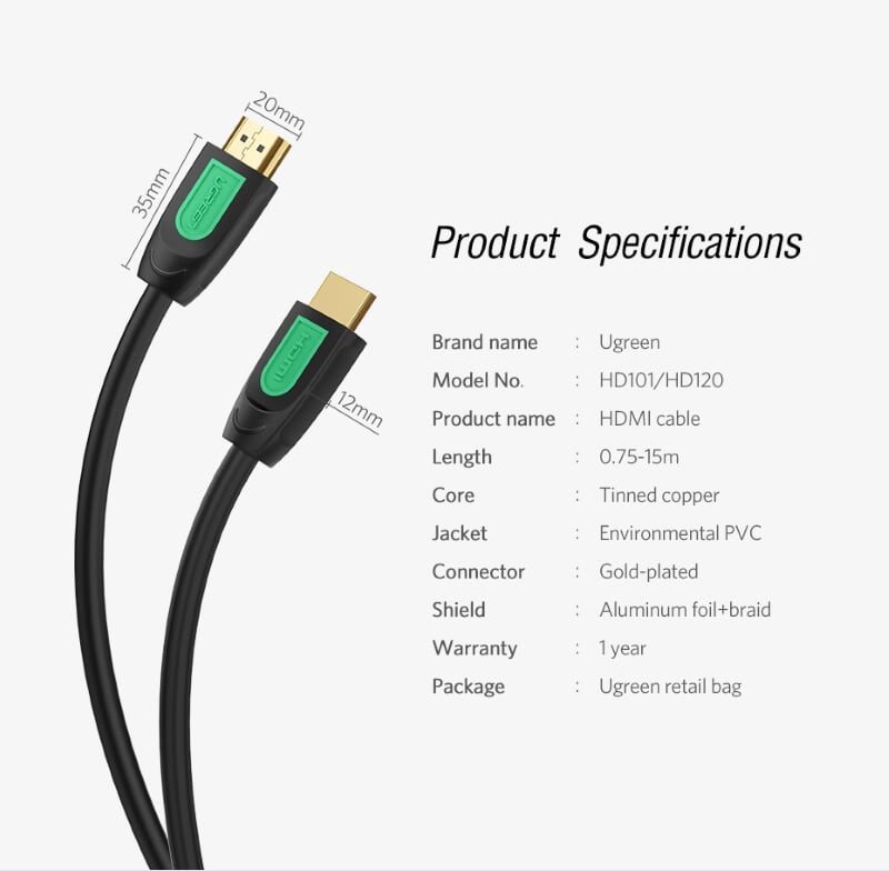 Ugreen 40467 12M màu Đen Cáp tín hiệu HDMI chuẩn 1.4 hỗ trợ phân giải 4K * 2K HD101