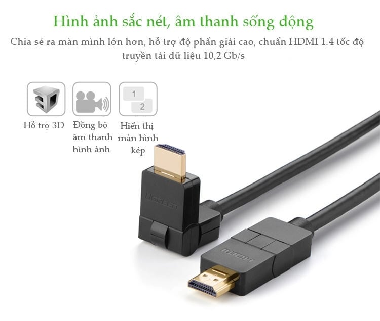 Ugreen 10125 1M màu đen Cáp tín hiệu HDMI đầu xoay 180 độ cao cấp 10125