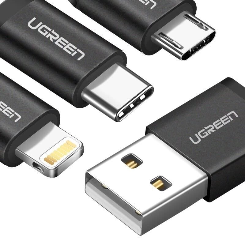 Ugreen 50205 1M Màu Đen Cáp sạc đa năng USB sang TypeC + Micro + Lightning có Chip MFI US186