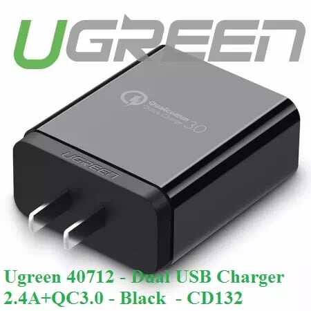 Ugreen 40712 30W màu Đen Củ sạc nhanh 2 cổng USB chuẩn QC 3.0 + 2.4A CD132