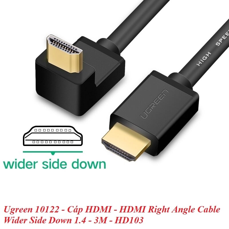 Ugreen 10122 3M màu Đen Cáp tín hiệu HDMI chuẩn 1.4 đầu bẻ góc 90 độ HD103