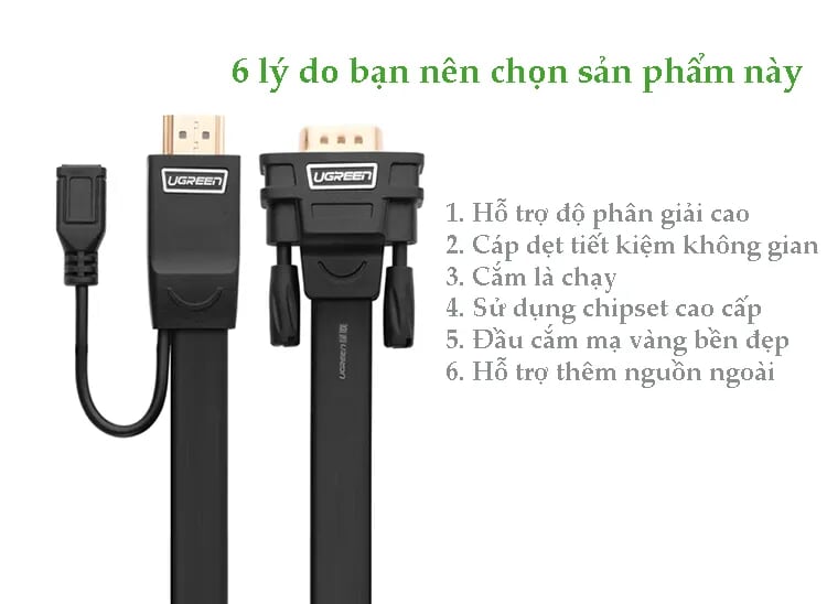 Ugreen 40232 3M màu Đen Cáp chuyển đỗi HDMI sang VGA kèm cổng trợ nguồn Micro USB MM101