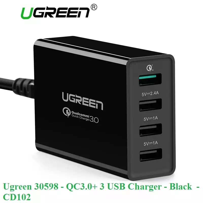 Ugreen 30598 1.5 Màu Đen Sạc nhanh chuẩn 3.0 Quick Charge 4 cổng usb qc3.0 CD102