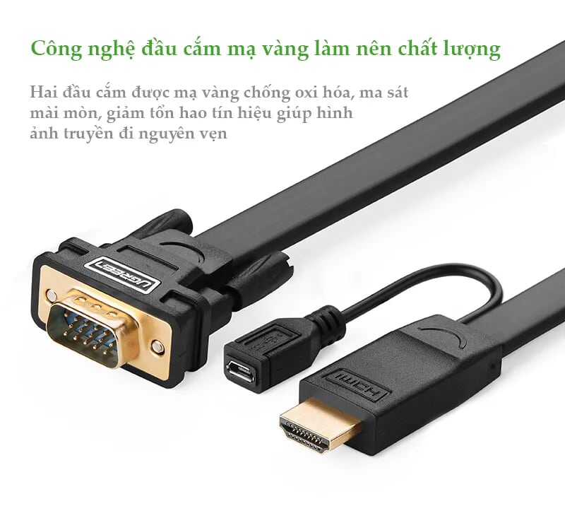 Ugreen 30450 2M màu Đen Cáp chuyển đỗi HDMI sang VGA kèm cổng trợ nguồn Micro USB MM101