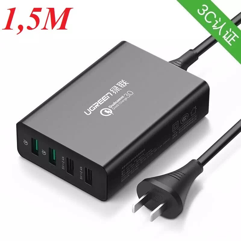 Ugreen 40716 1.5M màu Đen Củ sạc nhanh USB chuẩn QC 3.0 + 2 cổng 2.4A CD162