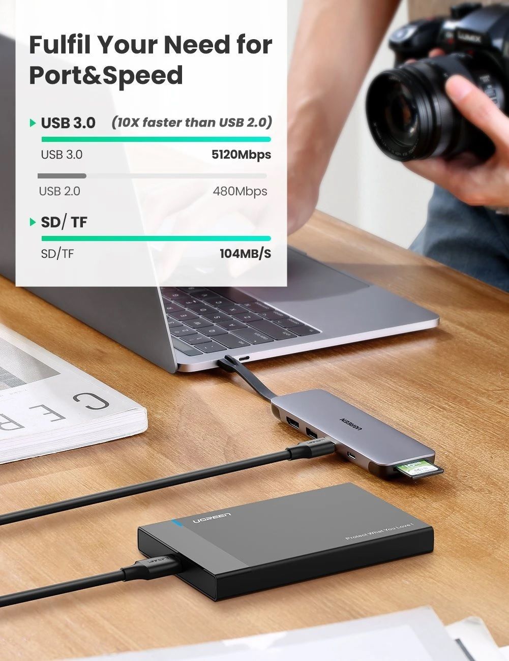 Ugreen 70649 6 trong 1 màu xám bộ chuyển USB type C ra 3 x usb 3.0 hub đa năng hdmi 4k đọc thẻ hỗ trợ sạc nhanh PD 100W CM287