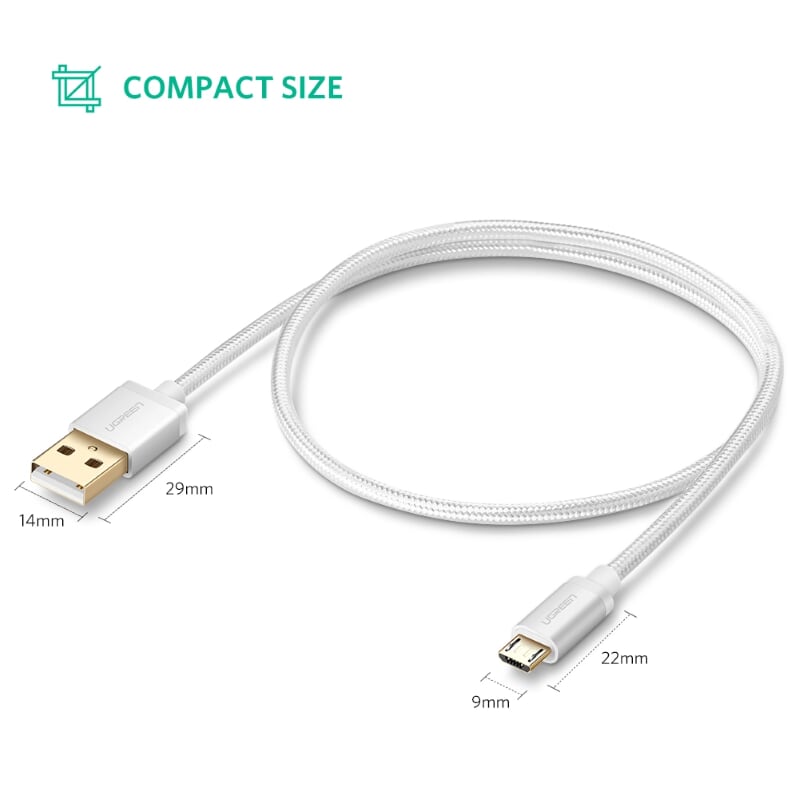 Ugreen 30655 1M màu Trắng Cáp sạc truyền dữ liệu USB 2.0 sang MICRO USB đầu mạ vàng US134