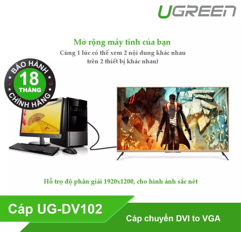 Ugreen 30741 1M màu Đen Cáp chuyển đổi DVI 24+5 sang VGA DV102