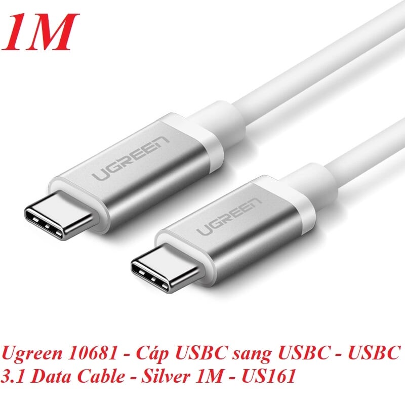 Ugreen 10681 1M màu bạc Dây USB Type-C truyền dữ liệu và sạc mạ Nikel đầu nhôm US161