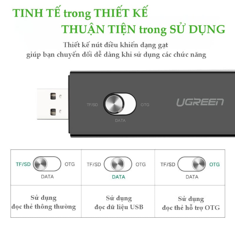 Ugreen 30518 30CM màu Đen Cáp chuyển MICRO USB sang USB 2.0 đọc thẻ SD + TF hỗ trợ OTG 30518