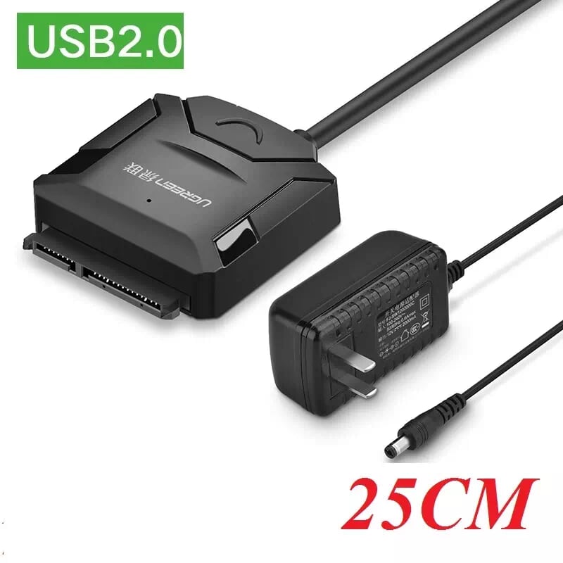 Ugreen 20215 25CM màu Đen Bộ chuyển đổi USB 2.0 sang SATA ổ cứng hỗ trợ nguồn CR108