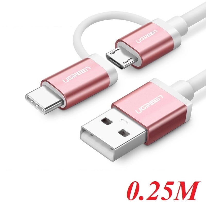 Ugreen 30541 0.25M màu Hồng Cáp USB-A sang Micro USB + USB-C cao cấp US177