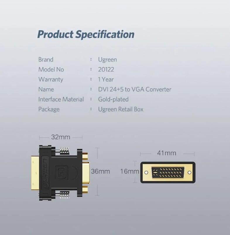 Ugreen 20122 Màu Đen Đầu chuyển đổi DVI 24+5 sang VGA âm 20122