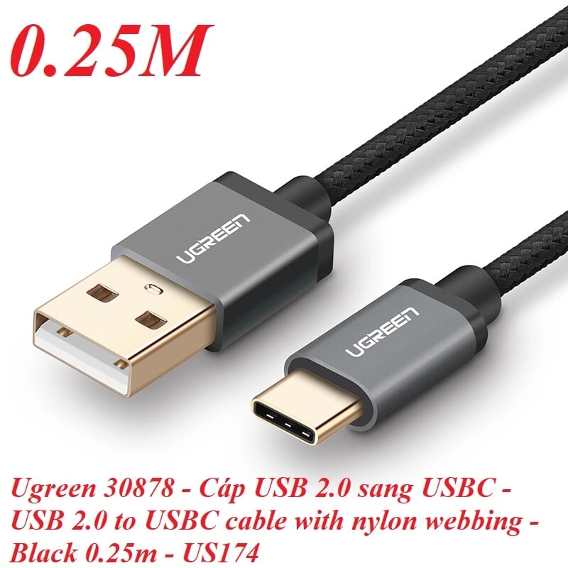 Ugreen 30878 0.25M 3A Màu Đen Cáp USB TypeC sang USB 2.0 Hỗ trợ sạc nhanh dây bên Nylon US174