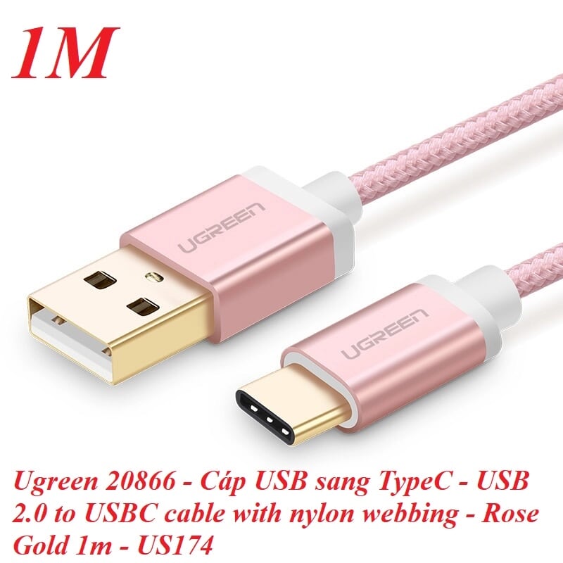 Ugreen 20866 1M màu Hồng Dây USB 2.0 sang Type-C đầu nhôm dây bọc vinyl US174