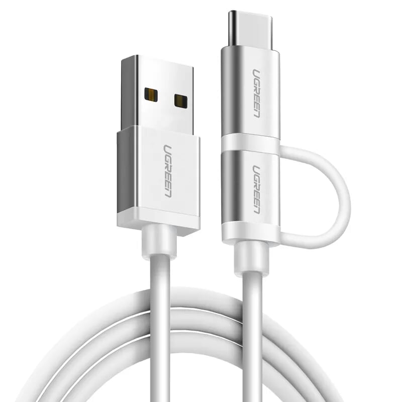 Ugreen 20873 1.5M màu Bạc Cáp USB-A sang Micro USB + USB-C cao cấp US177