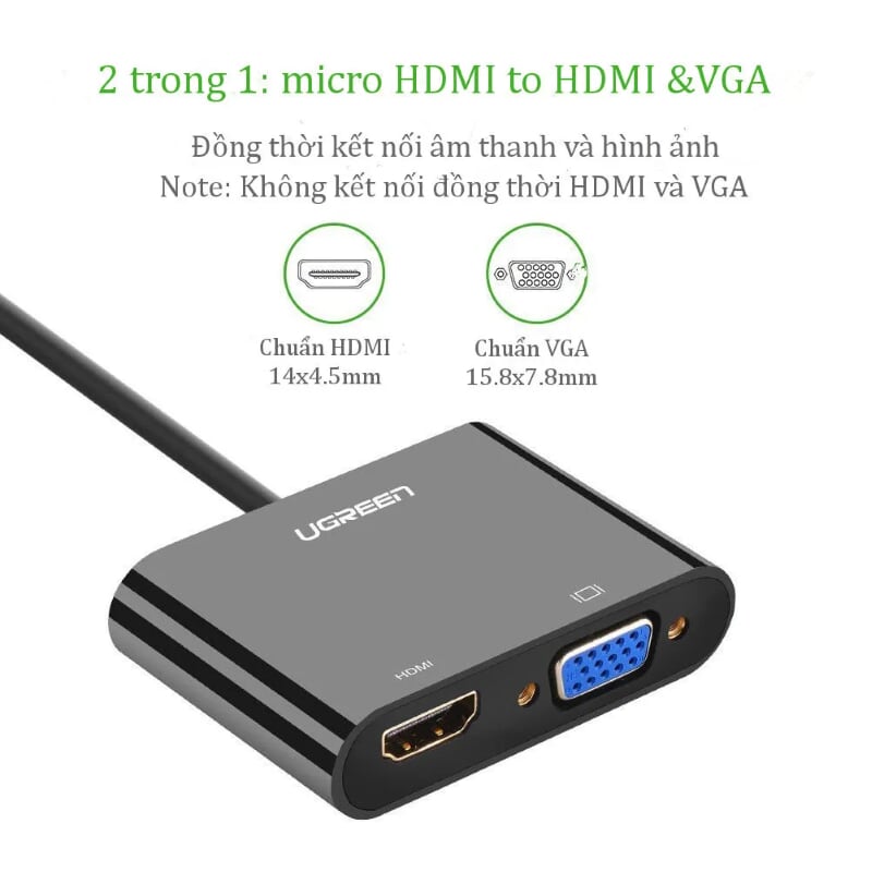 Ugreen 30355 30CM màu Đen Bộ chuyển Micro HDMI sang HDMI + VGA kèm cổng âm thanh MM115