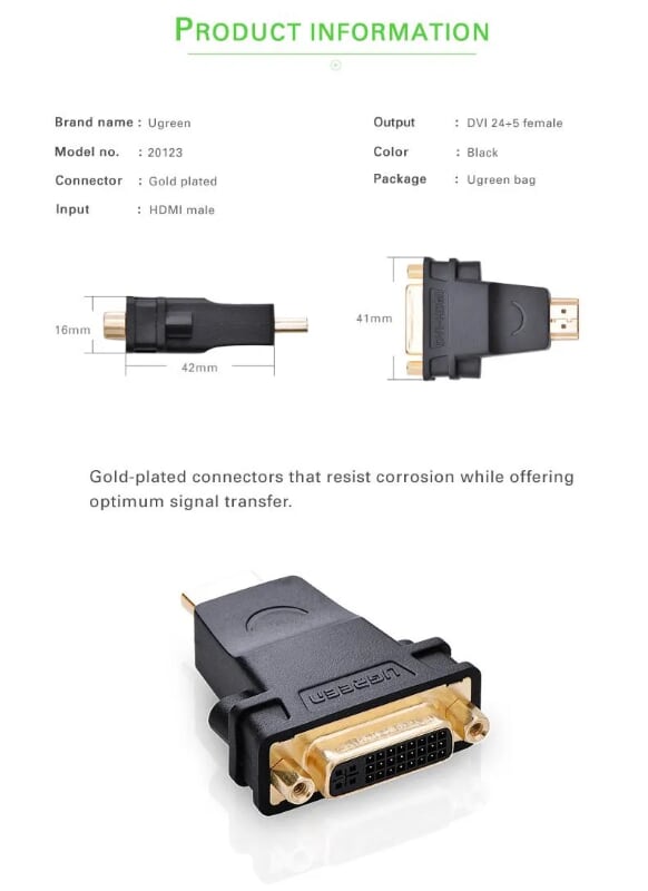 Ugreen 20123 Màu Đen Đầu chuyển đổi HDMI sang DVI 24+5 âm 20123