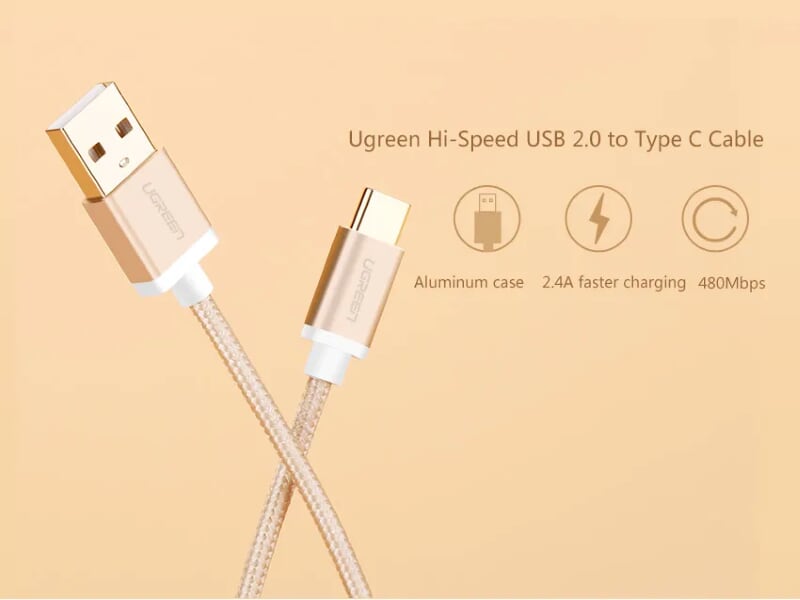 Ugreen 20863 3M màu Vàng Dây USB 2.0 sang Type-C đầu nhôm dây bọc vinyl US174