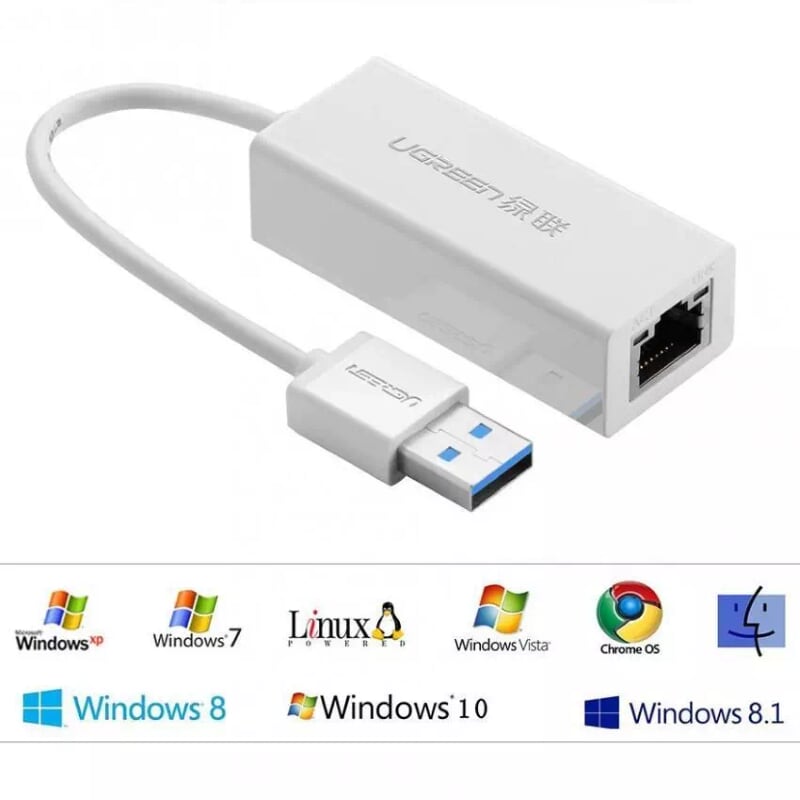 Ugreen 20255 15CM màu Trắng Cáp chuyển đổi USB 3.0 sang cổng LAN RJ45 tốc độ 1000Mbps vỏ nhựa CR111