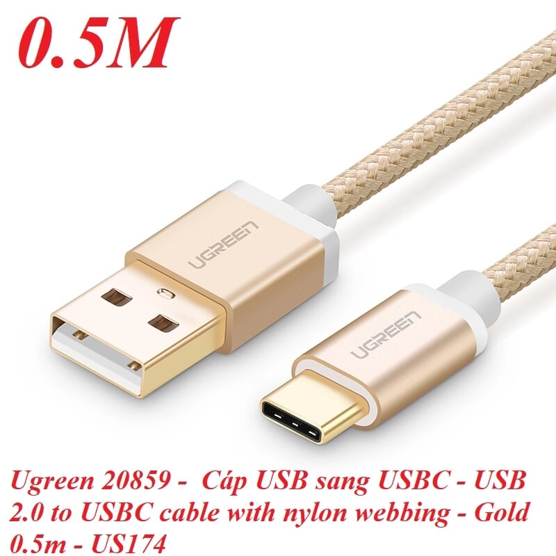 Ugreen 20859 0.5M màu Vàng Dây USB 2.0 sang Type-C đầu nhôm dây bọc vinyl US174