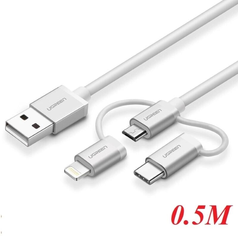 Ugreen 50201 0.5M màu Bạc Cáp sạc đa năng USB sang TypeC + Micro + Lightning US186