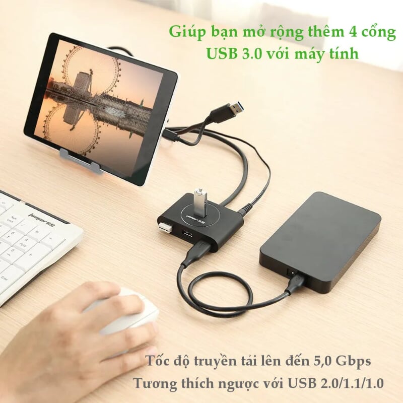 Ugreen 20292 80CM màu Đen Bộ chia HUB USB 3.0 sang 4 USB 3.0 hỗ trợ OTG CR113