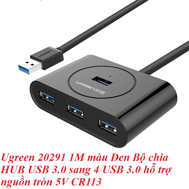 Ugreen 20291 100CM màu Đen Bộ chia HUB USB 3.0 sang 4 USB 3.0 hỗ trợ nguồn 5V CR113