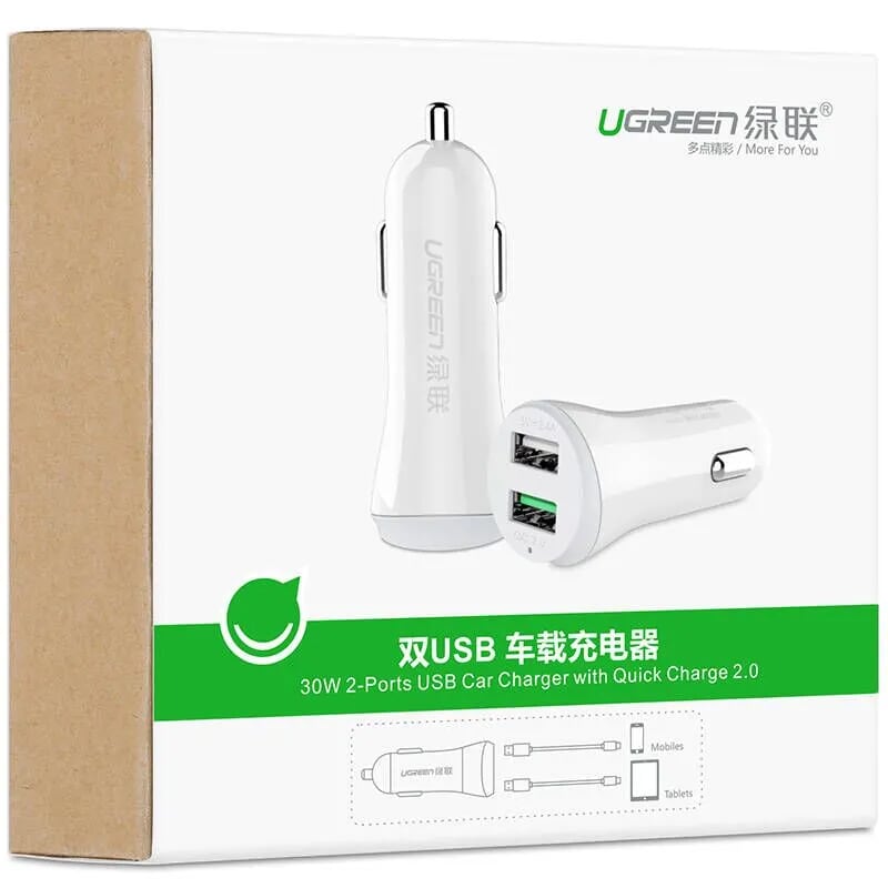 Ugreen 20393 màu Trắng Bộ sạc ô tô 2 cổng USB nhựa ABS chống cháy CD114