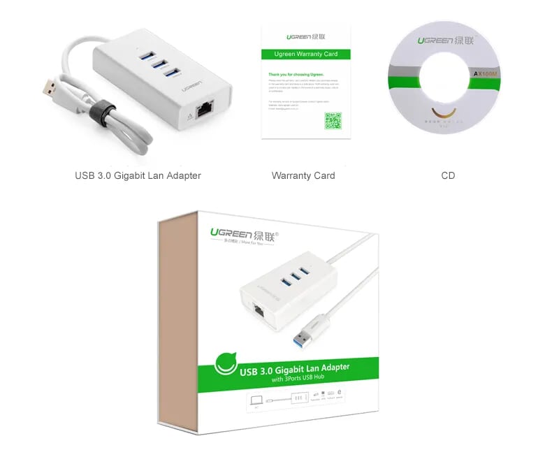 Ugreen 20260 50CM màu Trắng HUB chuyển đổi USB 3.0 sang 3 USB 3.0 + LAN tốc độ 100Mbps CR102