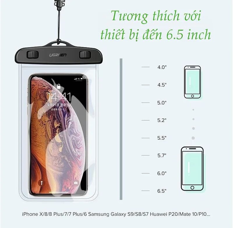 Ugreen 60959 Túi đựng điện thoại chống nước tiêu chuẩn IPX 8 độ sâu 10m, trong suốt cho màn hình từ 4 đến 6.5 inch 60959