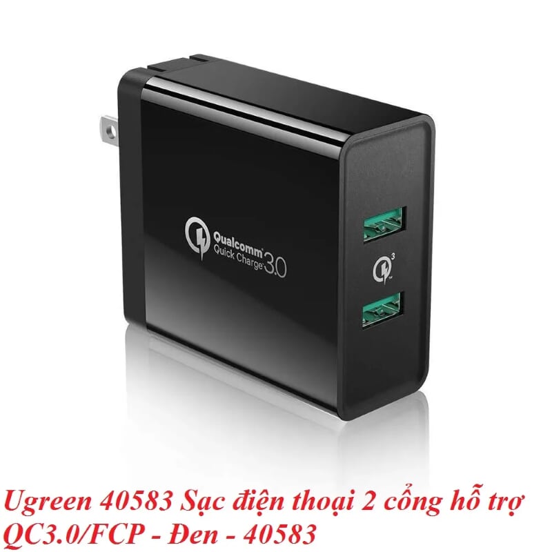 Ugreen 40583 Màu Đen Củ Sạc điện thoại 2 cổng hỗ trợ QC3.0/FCP CD161