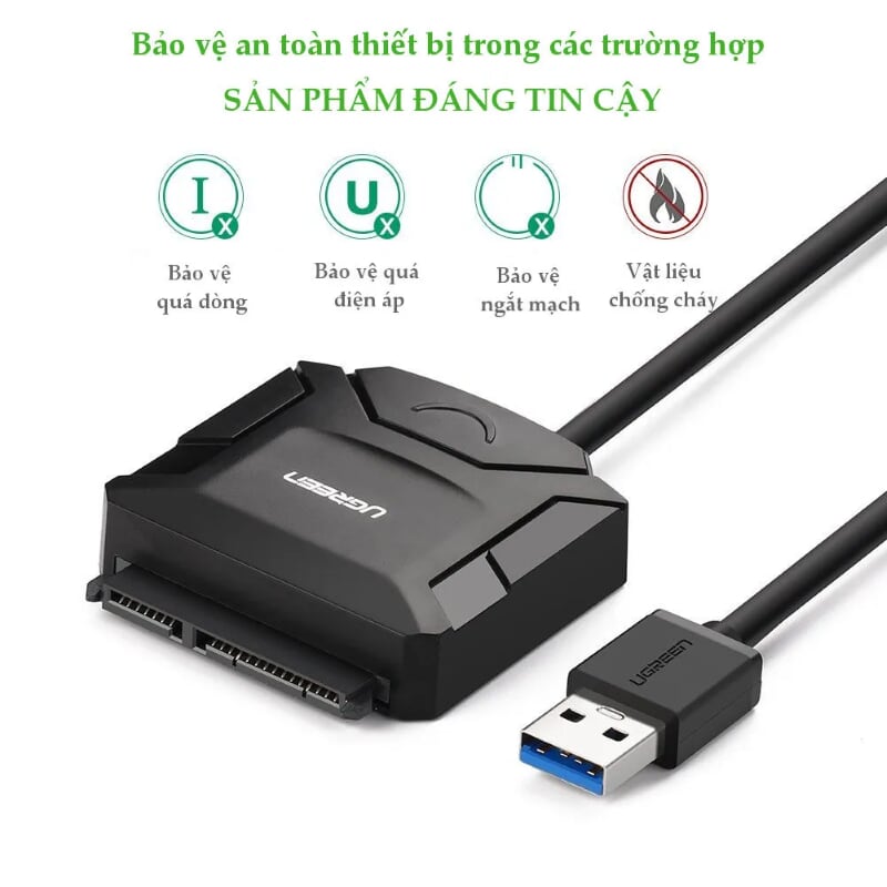 Ugreen 20231 25CM màu Đen Bộ chuyển đổi USB 3.0 sang SATA ổ cứng hỗ trợ nguồn CR108