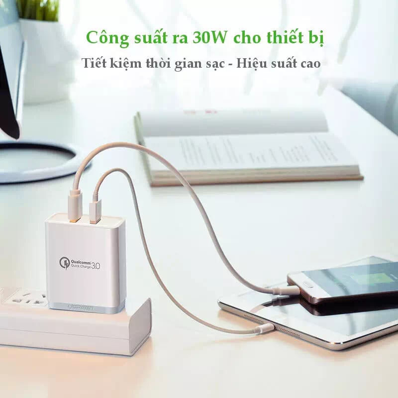 Ugreen 30563 30W màu Trắng Củ sạc nhanh 2 cổng USB chuẩn QC 3.0 + 2.4A CD132