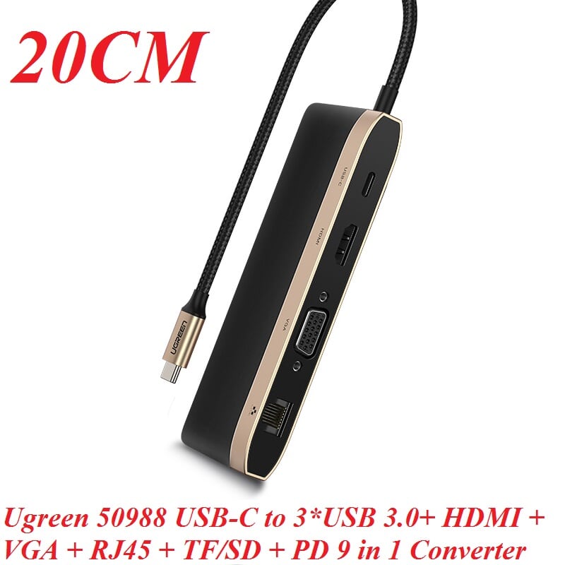 Ugreen 50988 Bộ chuyển đổi TYPE C sang 3 USB 3.0 + HDMI + VGA + LAN + TF SD + nguồn TYPE C CM221